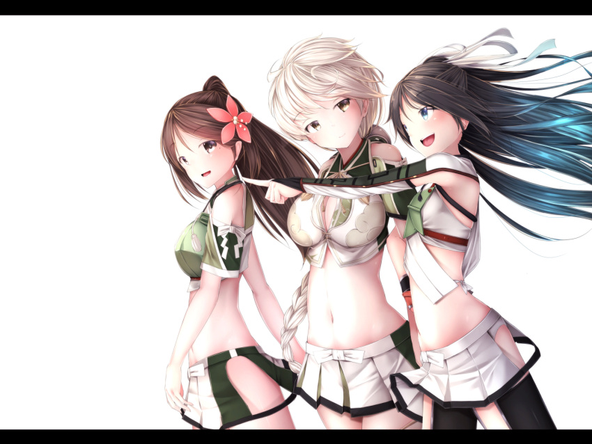 3girls amagi_(kantai_collection) bare_shoulders black_hair braid breasts bridal_gauntlets brown_eyes brown_hair cleavage crop_top flower grey_eyes hair_flower hair_ornament hair_ribbon hip_vent kantai_collection katsuragi_(kantai_collection) large_breasts long_hair midriff miniskirt multiple_girls navel open_mouth pointing pointing_forward ponytail ribbon silver_hair skirt small_breasts smile unryuu_(kantai_collection) very_long_hair waterdog wind