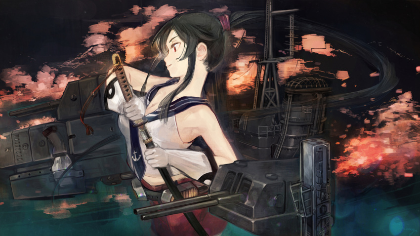 1girl absurdres aika_warazu black_hair breasts gloves highres kantai_collection long_hair ponytail red_eyes school_uniform sheath smile solo unsheathing yahagi_(kantai_collection)