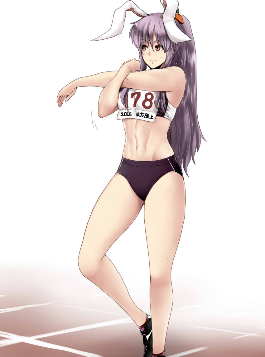 1girl animal_ears breasts carrot_hair_ornament full_body hair_ornament highres long_hair looking_to_the_side muscle navel ponytail purple_hair rabbit_ears red_eyes reisen_udongein_inaba shoes simple_background smile solo sportswear stretch sweat tobisawa toned touhou track_and_field track_uniform very_long_hair white_background