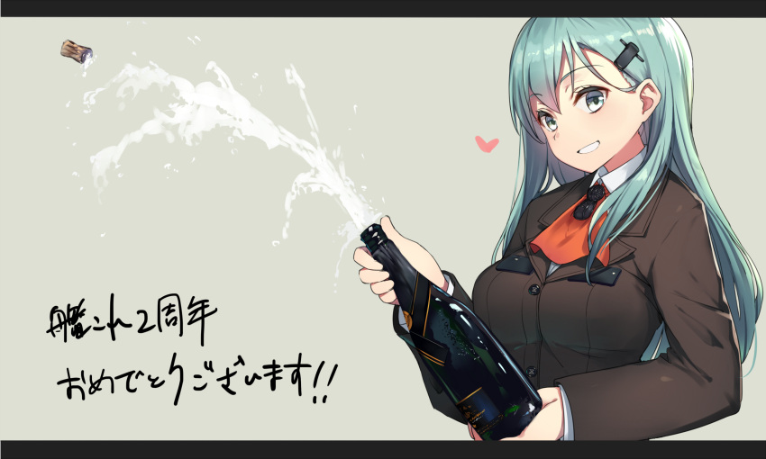 1girl ascot breasts cork green_eyes green_hair grey_background grin hair_ornament hairclip heart highres holding jacket kantai_collection letterboxed long_hair looking_at_viewer school_uniform simple_background smile solo soukou_makura suzuya_(kantai_collection) translation_request upper_body wine_bottle