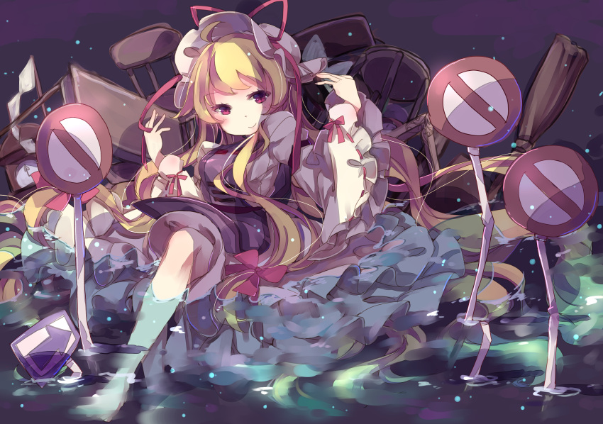 1girl absurdly_long_hair bangs bare_legs barefoot blonde_hair blush bow breasts broom chair clock clouds commentary_request desk dress frame frilled_dress frills gohei hair_bow hat hat_ribbon highres hiyoko_no_tataki legs light_particles long_hair long_sleeves looking_at_viewer mob_cap night night_sky partially_submerged ribbon ribbon-trimmed_sleeves ribbon_trim school_desk sign sitting sky smile solo stool tabard touhou very_long_hair violet_eyes water white_dress wide_sleeves yakumo_yukari