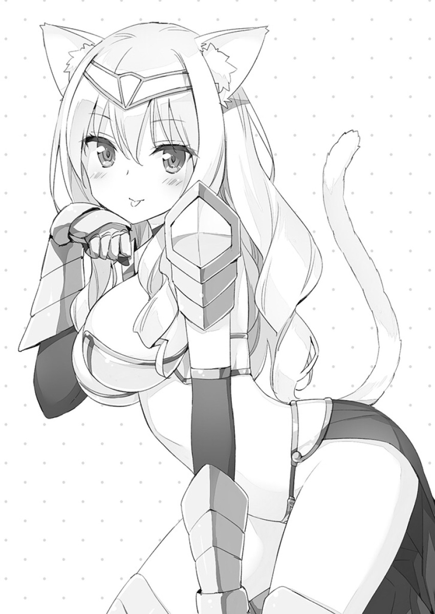 :p animal_ears arched_back armor bikini_armor blush breasts cat_ears cat_tail elbow_gloves from_side gauntlets gloves hair_between_eyes hairband highres large_breasts leaning_forward long_hair looking_at_viewer paw_pose peko sate_game_guard_o_kouryaku_shiyou_ka. scan sideboob tail thigh-highs tongue tongue_out