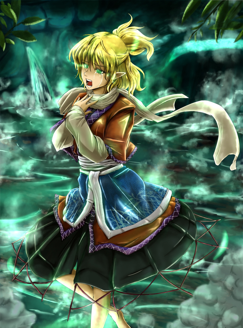 1girl arm_warmers barefoot black_skirt blonde_hair braid breasts commentary_request crying floral_print french_braid futagojima green_eyes hands_on_own_chest head_tilt highres hips legs light_trail mizuhashi_parsee nose open_mouth pointy_ears ponytail ribbon-trimmed_skirt scarf short_sleeves singing skirt solo steam stream streaming_tears tears teeth tongue touhou tree_branch wading water