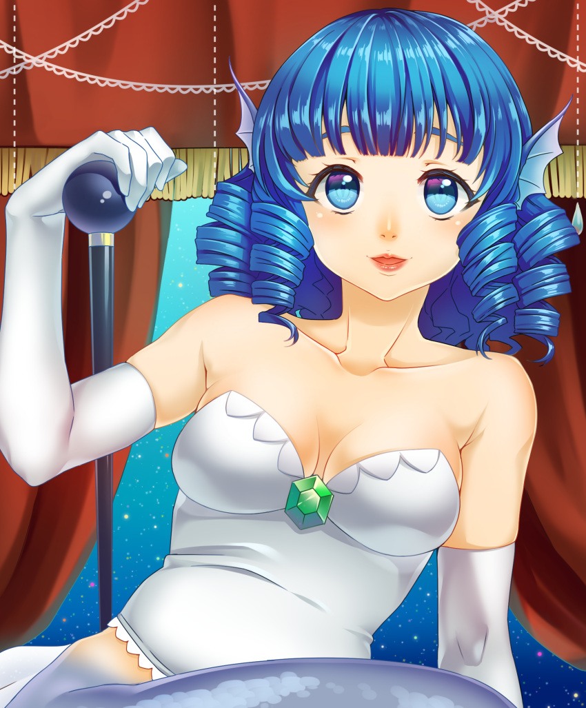 1girl alternate_costume bare_shoulders blue_eyes blue_hair breasts bustier cleavage drill_hair elbow_gloves gloves head_fins highres lips looking_at_viewer mermaid monster_girl shirane_koitsu short_hair smile solo touhou wakasagihime white_gloves