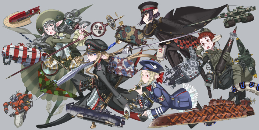 6+girls :d airplane armor binoculars blonde_hair blue_eyes cigarette dress glasses gloves grey_hair hat highres honjou_raita long_hair looking_at_viewer military military_uniform military_vehicle multiple_girls nazi_war_ensign open_mouth original pointy_ears protractor red_eyes redhead short_hair smile submarine sweatdrop tank telescope uniform vehicle white_gloves