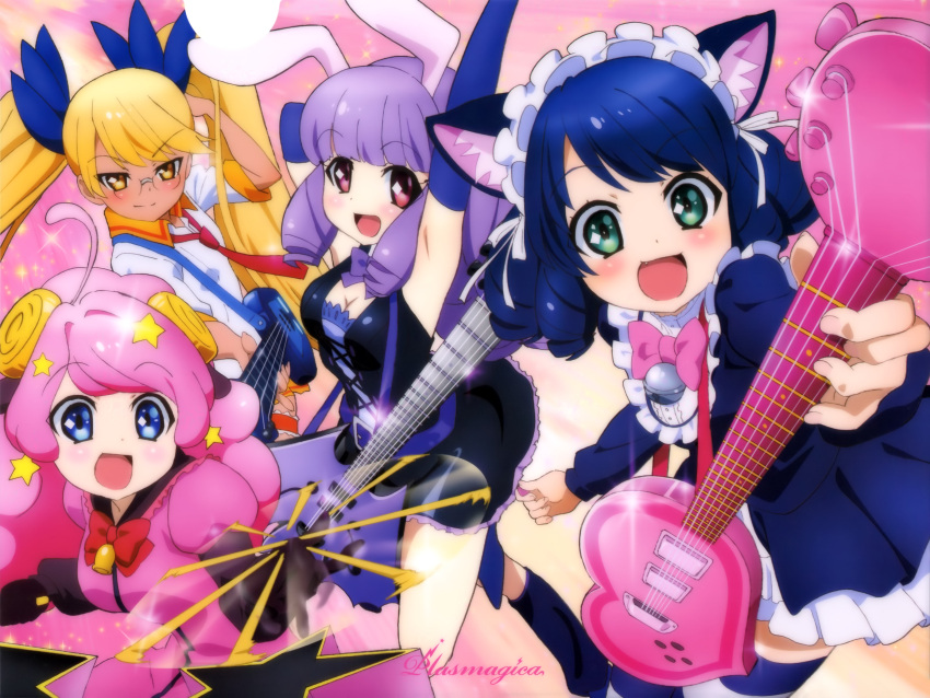 absurdres ahoge animal_ears bell blonde_hair blue_eyes chuchu_(show_by_rock!!) cyan_(show_by_rock!!) elbow_gloves fang glasses gloves green_eyes guitar highres instrument jingle_bell long_hair moa_(show_by_rock!!) official_art open_mouth pink_hair purple_hair red_eyes retoree show_by_rock!! twintails yellow_eyes