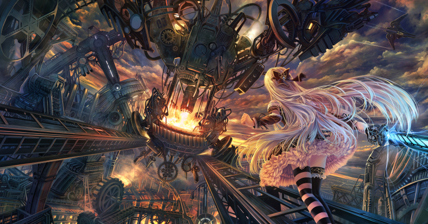 1girl blonde_hair bow clenched_hand clouds dark dress electricity fantasy fire frilled_dress frills from_behind gears hair_bow highres long_hair original running scenery sky solo soraizumi steam striped striped_legwear sword thigh-highs twilight weapon