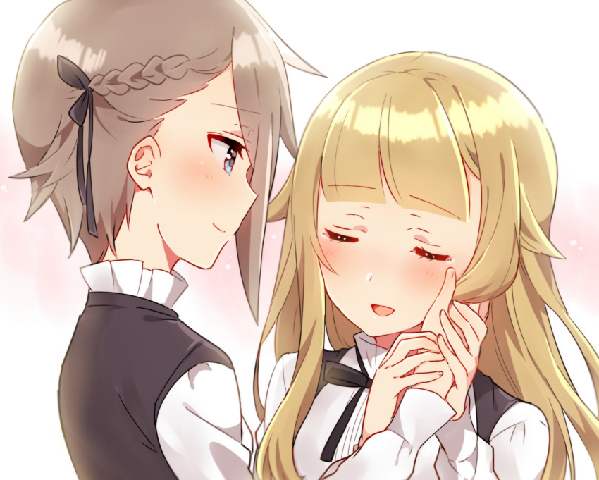 2girls :d ange_(princess_principal) bangs black_dress black_ribbon blonde_hair blouse blue_eyes blunt_bangs blush braid closed_eyes closed_mouth commentary_request couple dress eyebrows_visible_through_hair gradient gradient_background grey_hair hair_ornament hair_ribbon hand_on_another's_cheek hand_on_another's_face hands_together happy highres light_smile long_hair long_sleeves looking_at_another multiple_girls neck_ribbon open_mouth pink_background princess_(princess_principal) princess_principal profile ribbon school_uniform shiny shiny_hair short_hair side_braid sidelocks sideways_mouth simple_background sleeve_cuffs sleeveless sleeveless_dress smile sorimachi-doufu standing tsurime upper_body white_background white_blouse yuri