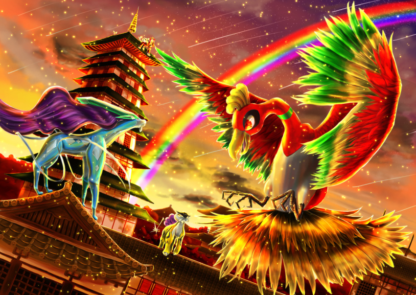 architecture clouds dutch_angle east_asian_architecture entei falling_star flyaspring4 ho-oh meteor_shower no_humans pagoda pokemon pokemon_(creature) raikou rainbow rooftop suicune sunset