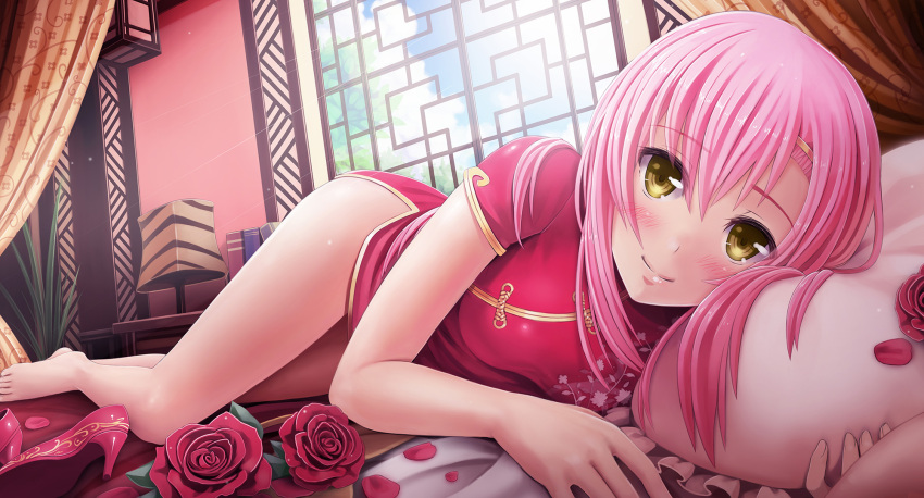 1girl barefoot bed bedroom blush breasts china_dress chinese_clothes dress flower hairband hayate_no_gotoku! high_heels highres katsura_hinagiku lips long_hair looking_at_viewer lying on_side pillow pink_hair red_dress red_shoes rose shoes shoes_removed side_slit smile solo sunimu yellow_eyes