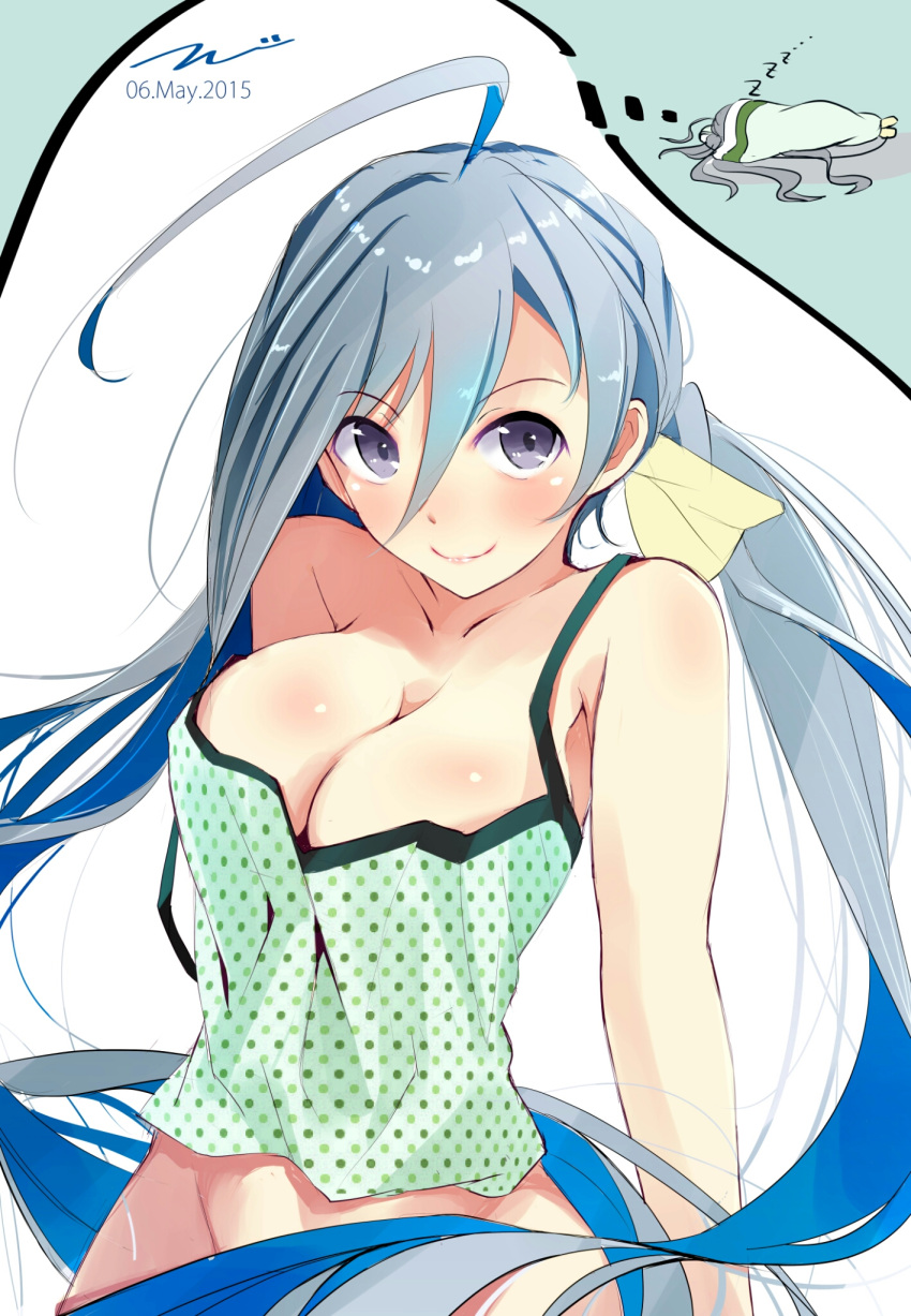 1girl 2015 ahoge alternate_breast_size artist_name breasts cleavage dated dreaming grey_eyes grey_hair hair_ribbon highres imagining kantai_collection kiyoshimo_(kantai_collection) long_hair looking_at_viewer low_twintails multicolored_hair no_bra no_panties ribbon sleeping smile solo tbd11 thought_bubble twintails very_long_hair zzz