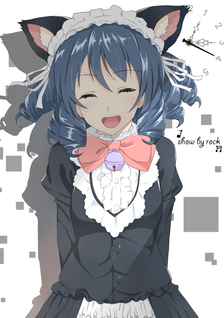 1girl absurdres animal_ears bell bell_collar blue_hair bow cat_ears clock closed_eyes collar copyright_name cyan_(show_by_rock!!) deck_jason highres maid_headdress open_mouth show_by_rock!! solo