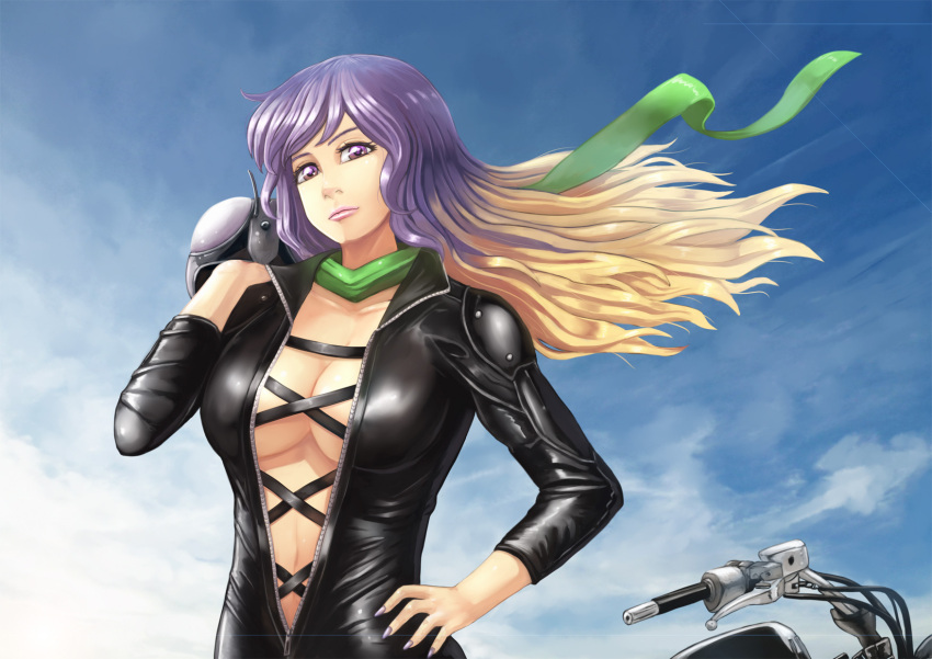 amibazh blonde_hair blue_sky bodysuit breasts brown_eyes check_commentary cleavage clouds collarbone commentary_request cross-laced_clothes gradient_eyes gradient_hair hand_on_hip head_tilt helmet highres hijiri_byakuren large_breasts leather_suit lips looking_at_viewer motor_vehicle motorcycle motorcycle_helmet multicolored_eyes multicolored_hair nail_polish navel nose pink_lips purple_hair purple_nails reflective_eyes scarf sky touhou vehicle violet_eyes wind