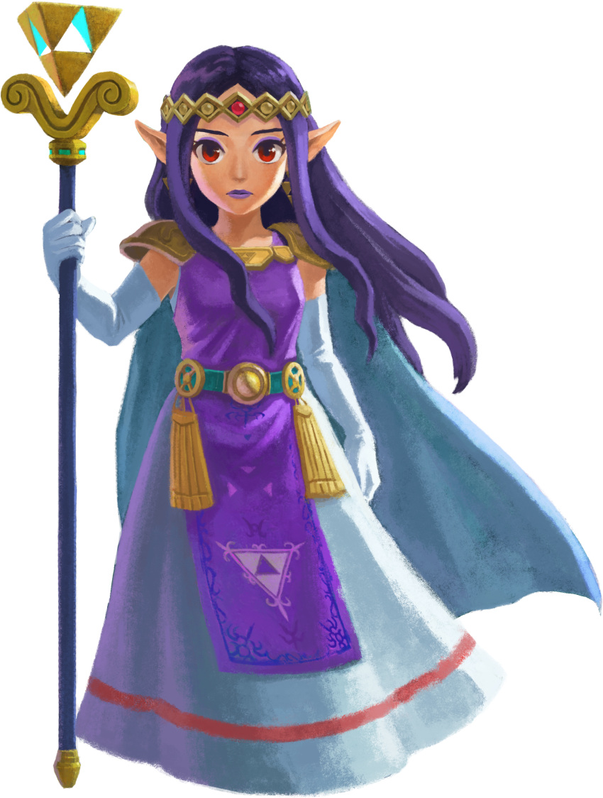 1girl a_link_between_worlds absurdres cape earrings elbow_gloves eyeshadow forehead_jewel full_body gloves highres jewelry lipstick long_dress long_hair makeup nintendo official_art pauldrons pointy_ears princess_hilda purple_hair purple_lipstick red_eyes solo staff the_legend_of_zelda tiara transparent_background triforce white_gloves