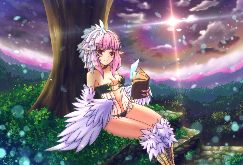 1girl bare_shoulders blue_eyes book breasts cleavage feathers harpy looking_at_viewer monocle monster_girl nature navel original pink_hair pointy_ears rocknroll sitting smile solo tree wings