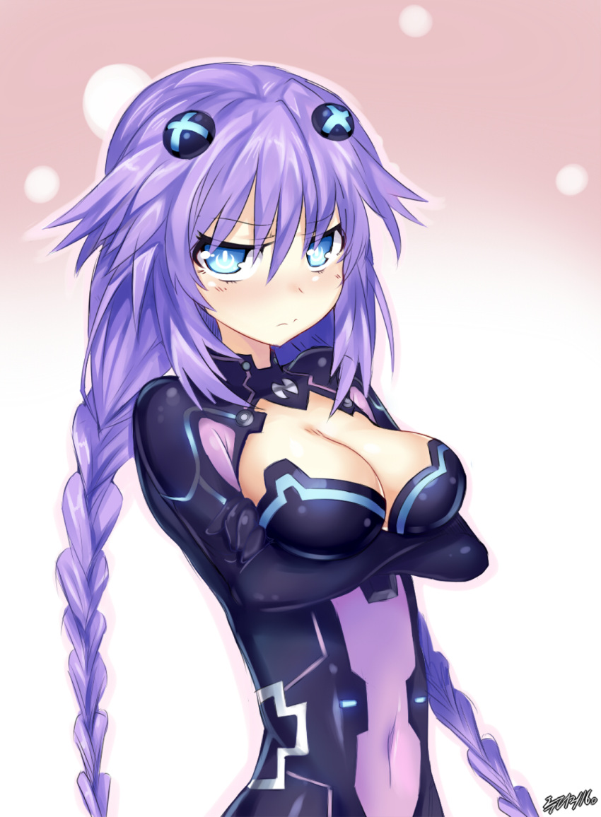 1girl blue_eyes blush braid breasts choujigen_game_neptune cleavage covered_navel crossed_arms hair_ornament highres long_hair looking_at_viewer neptune_(choujigen_game_neptune) neptune_(series) purple_hair purple_heart solo twin_braids