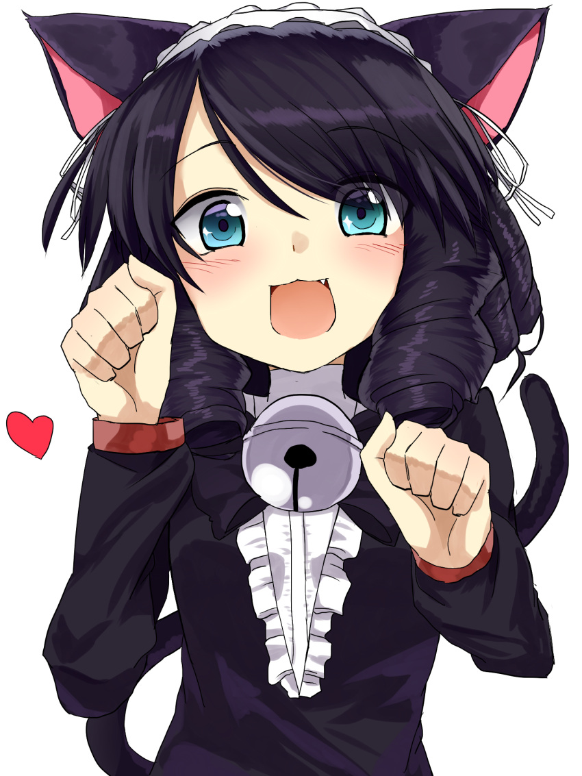 1girl animal_ears aqua_eyes bell bell_collar black_dress black_hair cat_ears cat_tail collar cyan_(show_by_rock!!) dress drill_hair fang hairband heart highres lolita_fashion lolita_hairband long_sleeves looking_at_viewer open_mouth paw_pose show_by_rock!! smile solo tail upper_body yamato_(muchuu_paradigm)