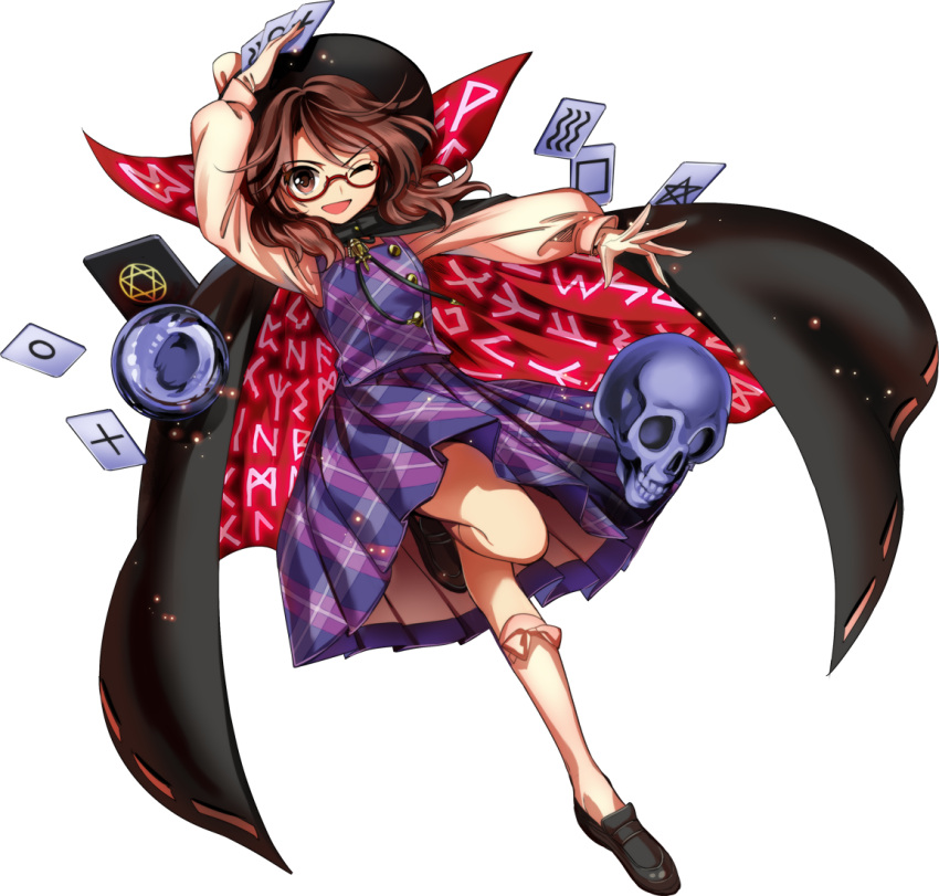 1girl brown_eyes brown_hair cape card glasses harukawa_moe hat loafers long_sleeves official_art one_eye_closed open_mouth plaid plaid_shirt plaid_skirt shirt shoes short_hair skirt skull socks solo touhou twintails urban_legend_in_limbo usami_sumireko white_legwear