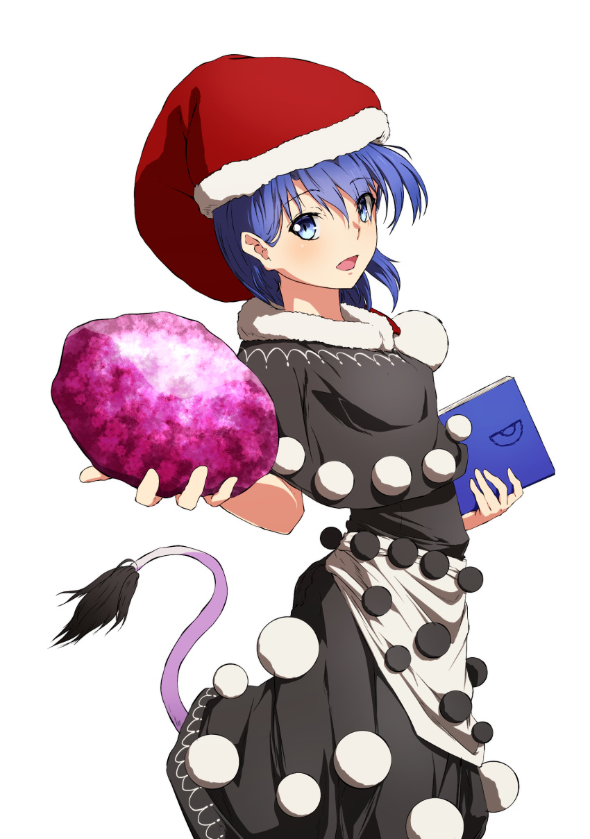 1girl absurdres aono_meri black_dress blue_eyes blue_hair book capelet doremy_sweet dress highres legacy_of_lunatic_kingdom looking_at_viewer nightcap open_mouth pom_pom_(clothes) short_hair simple_background smile solo tail touhou white_background