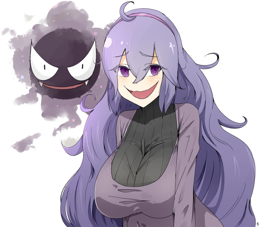 1girl ahoge blush breasts crazy_eyes gastly hairband hex_maniac_(pokemon) highres huge_breasts long_hair messy_hair npc open_mouth pale_skin pokemon pokemon_(creature) pokemon_(game) pokemon_xy purple_hair sente solo sweater violet_eyes