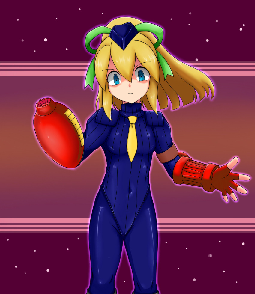 1girl blonde_hair blue_eyes cannon corruption cosplay ebako fingerless_gloves gloves highres juli juli_(cosplay) juni juni_(cosplay) leotard long_hair pantyhose ponytail ribbon rockman rockman_(classic) roll shaded_face standing street_fighter