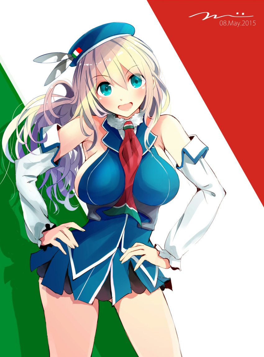 1girl adapted_costume alternate_costume atago_(kantai_collection) blonde_hair blue_eyes breasts cowboy_shot dated detached_sleeves dress hands_on_hips hat highres italian_flag kantai_collection large_breasts littorio_(kantai_collection)_(cosplay) long_hair looking_at_viewer miniskirt open_mouth skirt smile solo striped striped_background tbd11