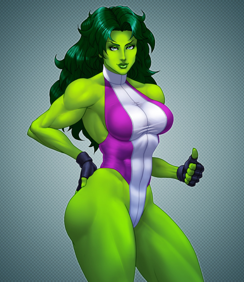 1girl alternate_costume breasts cowboy_shot fingerless_gloves gloves green_eyes green_hair green_lipstick green_skin hand_on_hip highres josef_axner large_breasts leotard lips lipstick long_hair looking_at_viewer makeup marvel muscle nose she-hulk solo taut_clothes taut_leotard thick_thighs thighs thumbs_up
