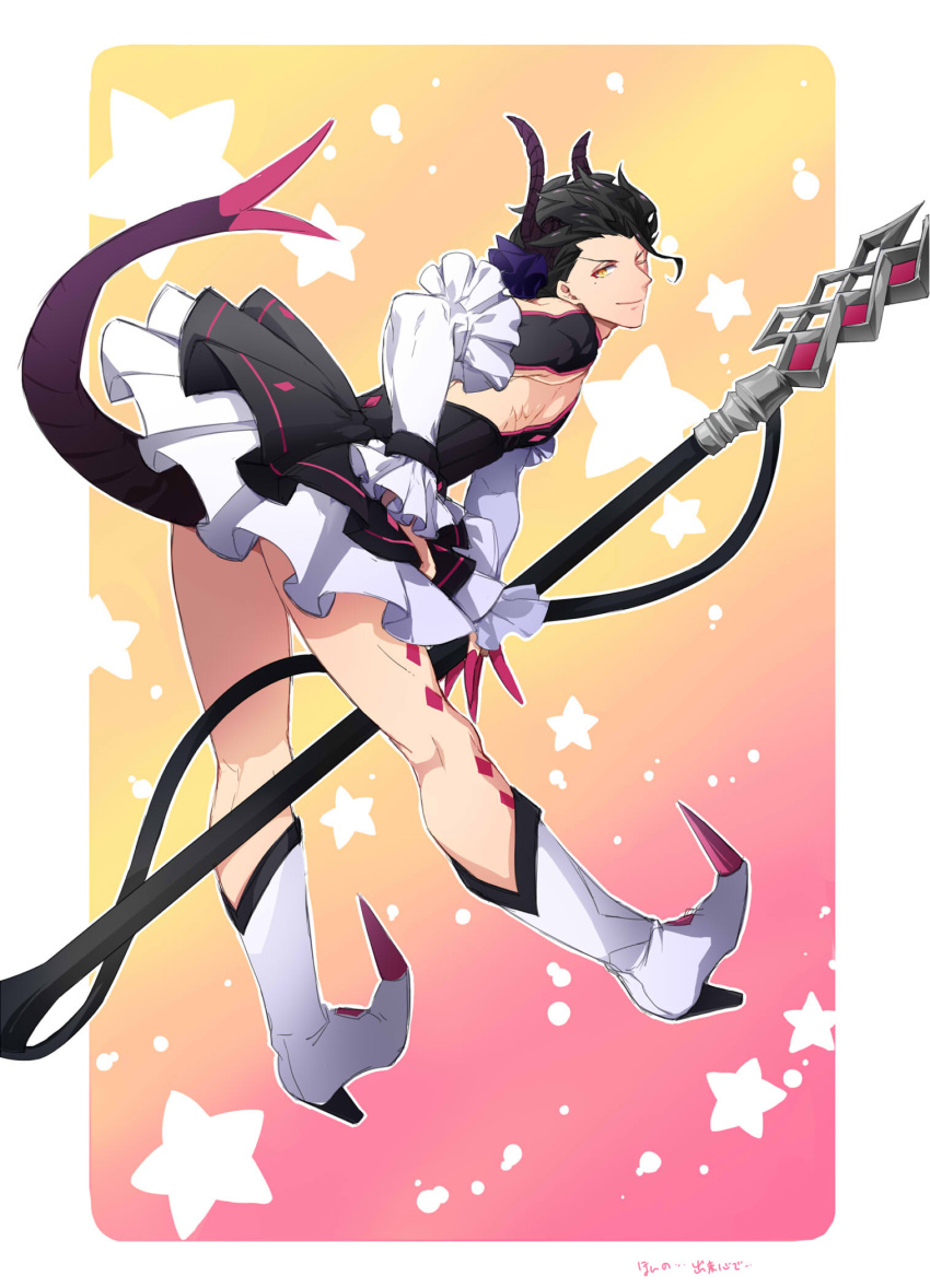 1boy black_hair claws crossdressinging detached_sleeves dress fate/extra fate/extra_ccc fate/zero fate_(series) highres horns lancer_(fate/extra_ccc) lancer_(fate/extra_ccc)_(cosplay) lancer_(fate/zero) pointy_ears pointy_shoes shoes solo tail two_side_up ycco_(estrella)