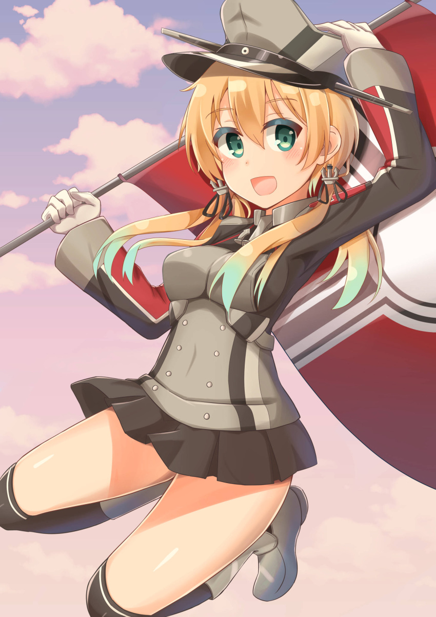 1girl :d absurdres anchor_hair_ornament black_legwear black_skirt blonde_hair blue_eyes flag gloves green_eyes hair_ornament hand_on_headwear hat highres kantai_collection kapatarou kriegsmarine looking_at_viewer low_twintails microskirt military military_hat military_uniform open_mouth peaked_cap pleated_skirt prinz_eugen_(kantai_collection) skirt smile solo thigh-highs twintails uniform white_gloves