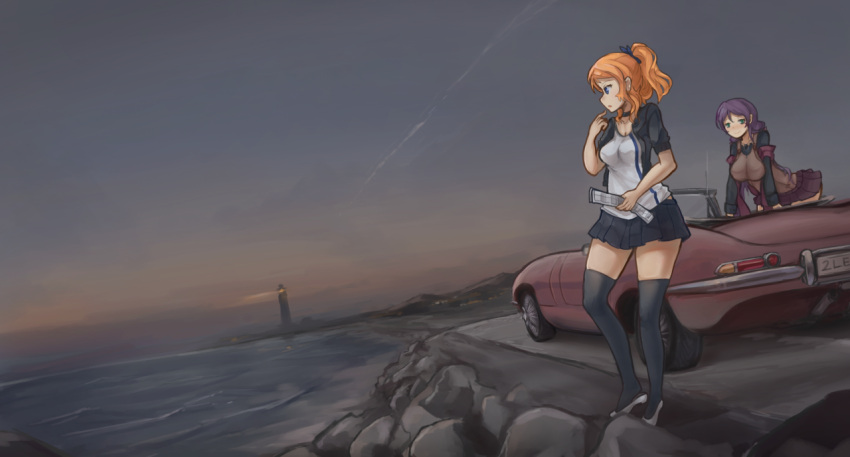2girls arceonn ayase_eli black_legwear blue_eyes breasts car casual choker convertible green_eyes landscape large_breasts lighthouse long_hair love_live!_school_idol_project low_twintails motor_vehicle multiple_girls ocean orange_hair ponytail purple_hair skirt smile thigh-highs toujou_nozomi twintails vehicle