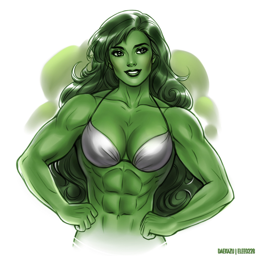1girl abs absurdres bikini_top breasts cleavage collaboration curly_hair daekazu elee0228 eyebrows green_eyes green_hair green_lipstick green_skin hands_on_hips highres lips lipstick long_hair makeup marvel muscle navel nose she-hulk smile solo upper_body
