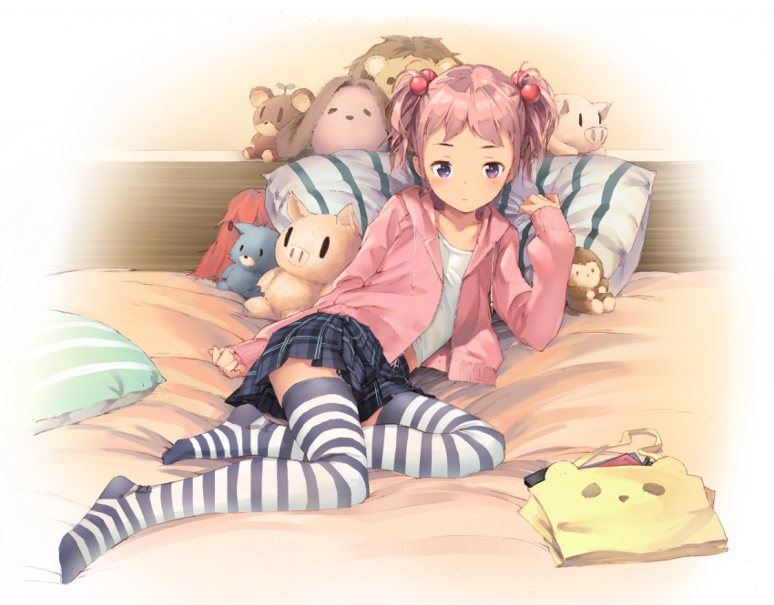 1girl bed blush hair_bobbles hair_ornament original pillow pink_hair plaid plaid_skirt popobobo short_twintails skirt solo striped striped_legwear stuffed_toy thigh-highs twintails violet_eyes