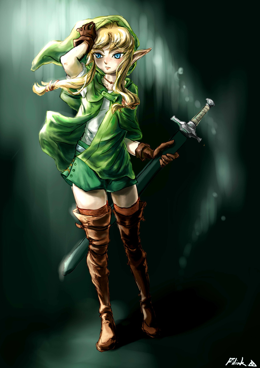 absurdres blonde_hair blue_eyes boots gloves hat highres linkle long_hair pointy_ears shirt shorts sword the_legend_of_zelda thigh-highs thigh_boots weapon zelda_musou