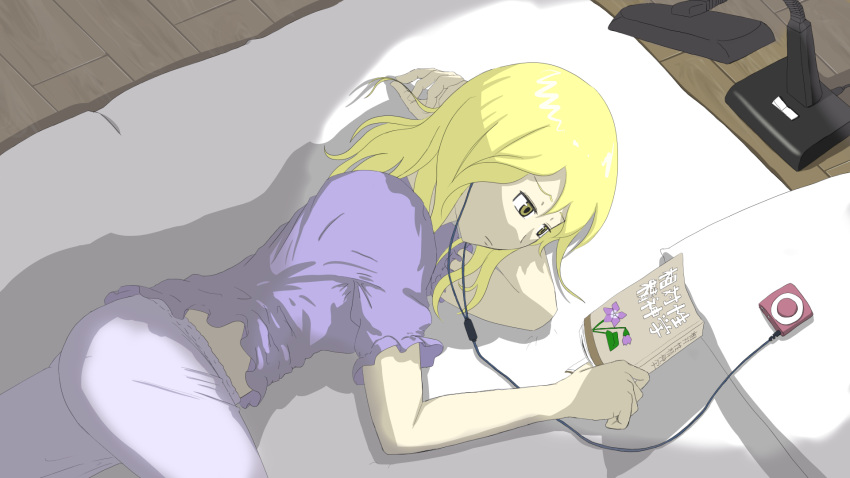 1girl blonde_hair digital_media_player earphones expressionless floor futon highres lamp long_hair lying maribel_hearn night_clothes on_side pillow playing_with_own_hair purple_shirt reading shirt short_sleeves solo thighs touhou translation_request wa_we_tata_ki wooden_floor