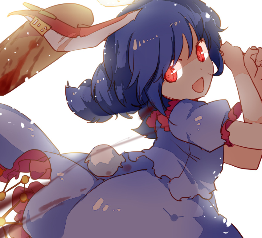 1girl animal_ears backlighting blue_hair bunny_tail highres legacy_of_lunatic_kingdom looking_at_viewer mallet open_mouth ponytail puffy_short_sleeves puffy_sleeves rabbit_ears red_eyes seiran_(touhou) shirt short_sleeves skirt skirt_set smile solo tail touhou yetworldview_kaze