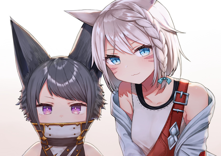 2girls :3 animal_ear_fluff animal_ears azu_(azusayumix) bare_shoulders black_hair blue_bow blue_eyes blush bow braid breasts brown_background closed_mouth collarbone commentary_request covered_mouth facial_mark fanny_pack final_fantasy final_fantasy_xiv gradient gradient_background grey_jacket hair_bow high_collar highres jacket looking_at_viewer medium_breasts miqo'te multiple_girls off_shoulder open_clothes open_jacket short_hair silver_hair tank_top violet_eyes whisker_markings white_background white_tank_top