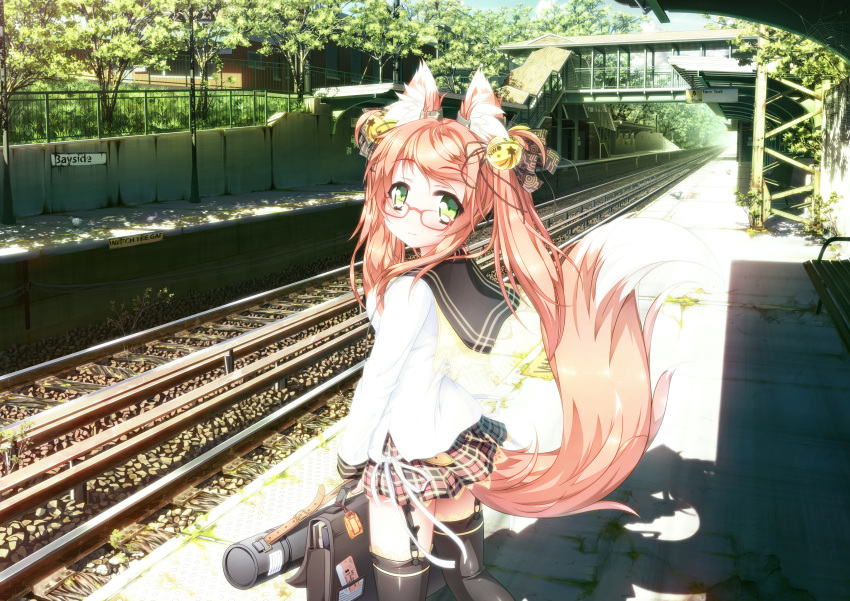 1girl absurdres animal_ears artist_request bag bell belt bench bird black_legwear blush bottle bow breasts bridge building card charm_(object) clouds concrete door earrings english fence fox_ears fox_tail frilled_legwear garter_straps glasses grass green_eyes highres holding_bag jewelry lamppost long_hair looking_at_viewer looking_back moss original pedestrian_bridge pigeon pink_hair plaid plaid_skirt plant power_lines railing railroad_tracks real_world_location red_glasses ribbon rooftop rust scenery school_bag school_uniform shadow shirt sign silk skirt sky smile solo spider spider_web stairs sunlight tail thigh-highs train_station tree tree_shade tube twintails vanishing_point window zettai_ryouiki