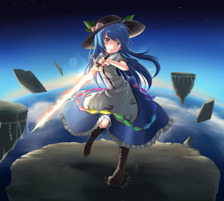 1girl above_clouds blue_hair blue_sky boots clouds cross-laced_footwear food fruit hat highres hinanawi_tenshi index_finger_raised keystone knee_boots kuro_(baseball0000) layered_skirt leaf lens_flare long_hair long_skirt looking_at_viewer parted_lips peach red_eyes rope shide shimenawa skirt sky solo standing_on_one_leg star_(sky) starry_sky sword_of_hisou touhou twilight very_long_hair