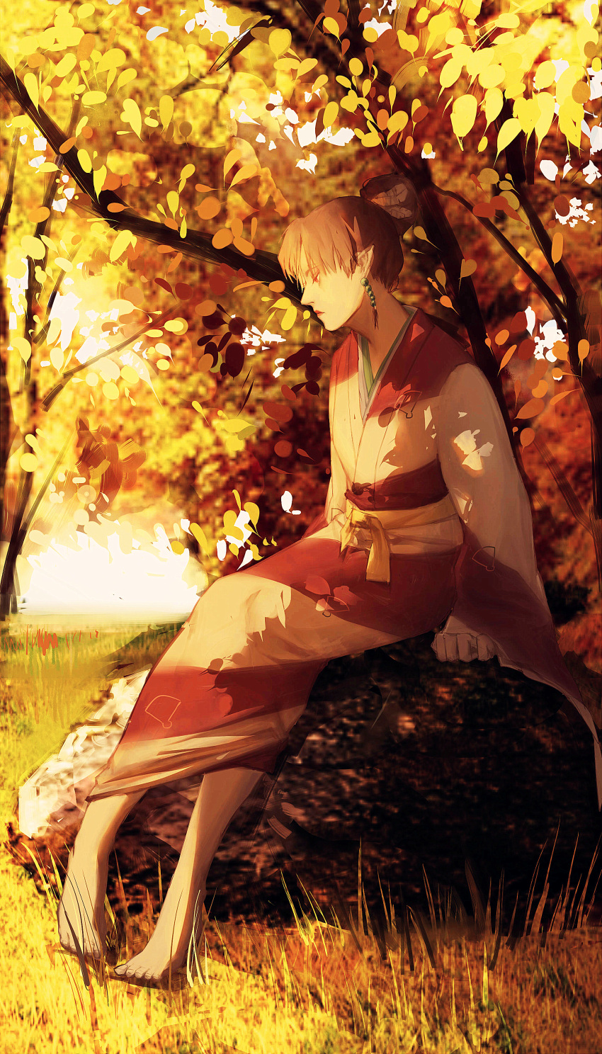 absurdres autumn autumn_leaves barefoot demon demon_girl earrings feet girl grass highres inuyasha japanese_clothes jewelry kagura_(inuyasha) kimono pointy_ears red_eyes rock sitting sitting_on_rock tied_hair