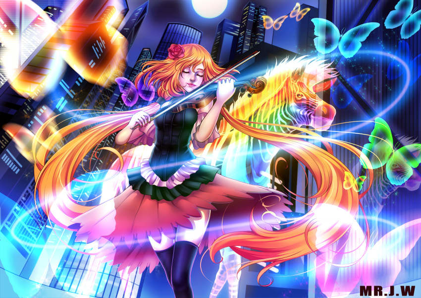 1girl absurdres artist_name black_legwear building closed_eyes facing_viewer flower hair_flower hair_ornament highres instrument long_hair moon mr._j.w music orange_hair original personification rainbow reflection skyscraper thigh-highs twintails very_long_hair violin zebra