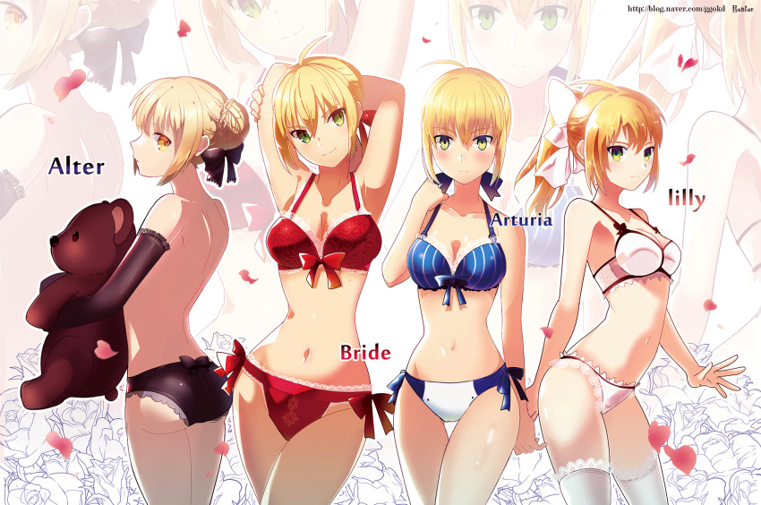 4girls arms_behind_head arms_up ass blonde_hair breasts cleavage fate/extra fate/extra_ccc fate/stay_night fate_(series) green_eyes hair_ribbon highres jeran_(ggokd) looking_at_viewer multiple_girls navel no_bra petals ponytail ribbon saber saber_alter saber_bride saber_extra saber_lily smile stuffed_animal stuffed_toy teddy_bear thigh-highs underwear underwear_only white_legwear yellow_eyes