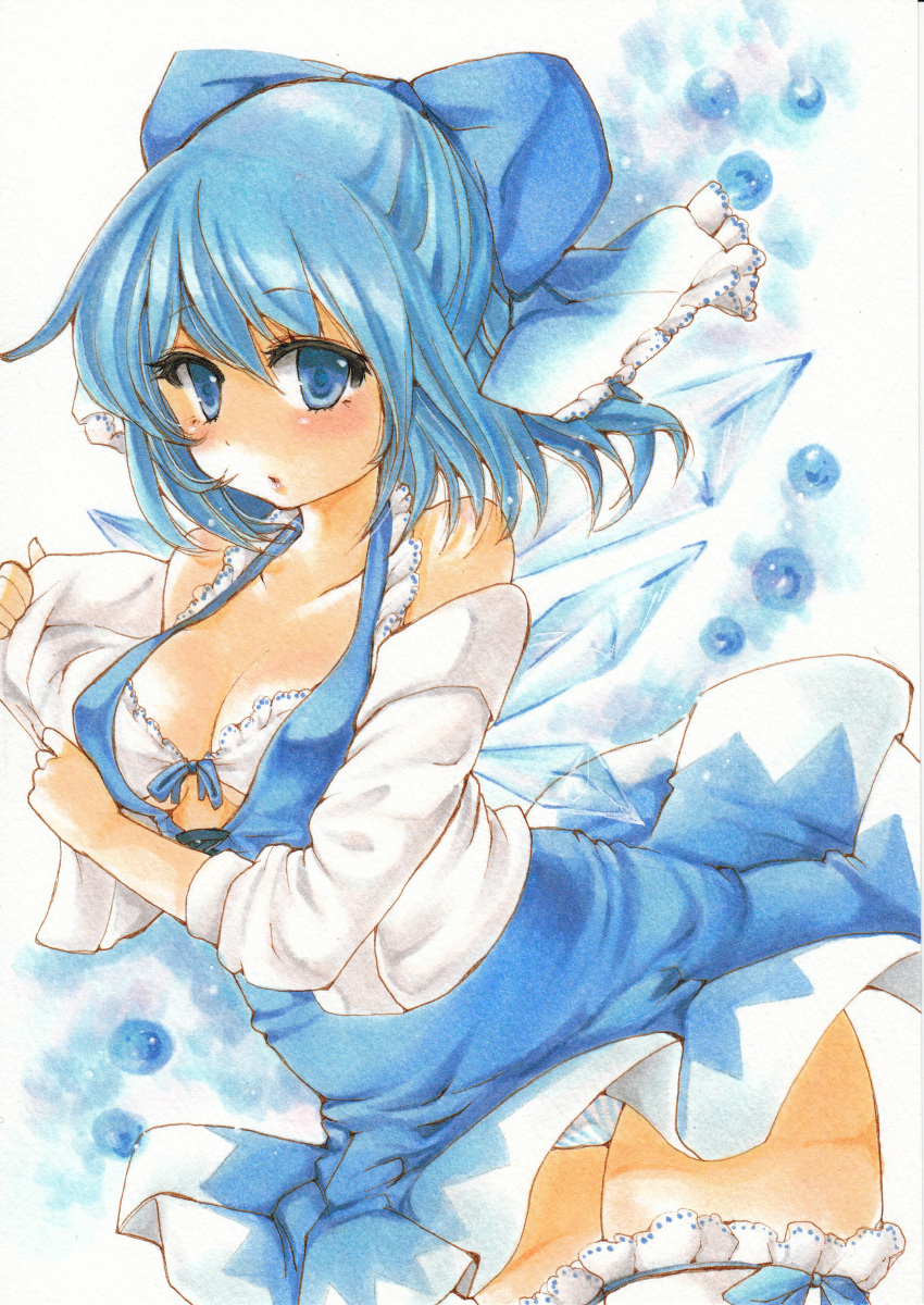 1girl absurdres adapted_costume alternate_breast_size bare_shoulders blue_eyes blue_hair blush bra breasts cirno cleavage detached_sleeves dress highres ice ice_wings looking_at_viewer marker_(medium) panties short_hair solo thigh-highs touhou traditional_media underwear vertical-striped_panties vertical_stripes wings yurun