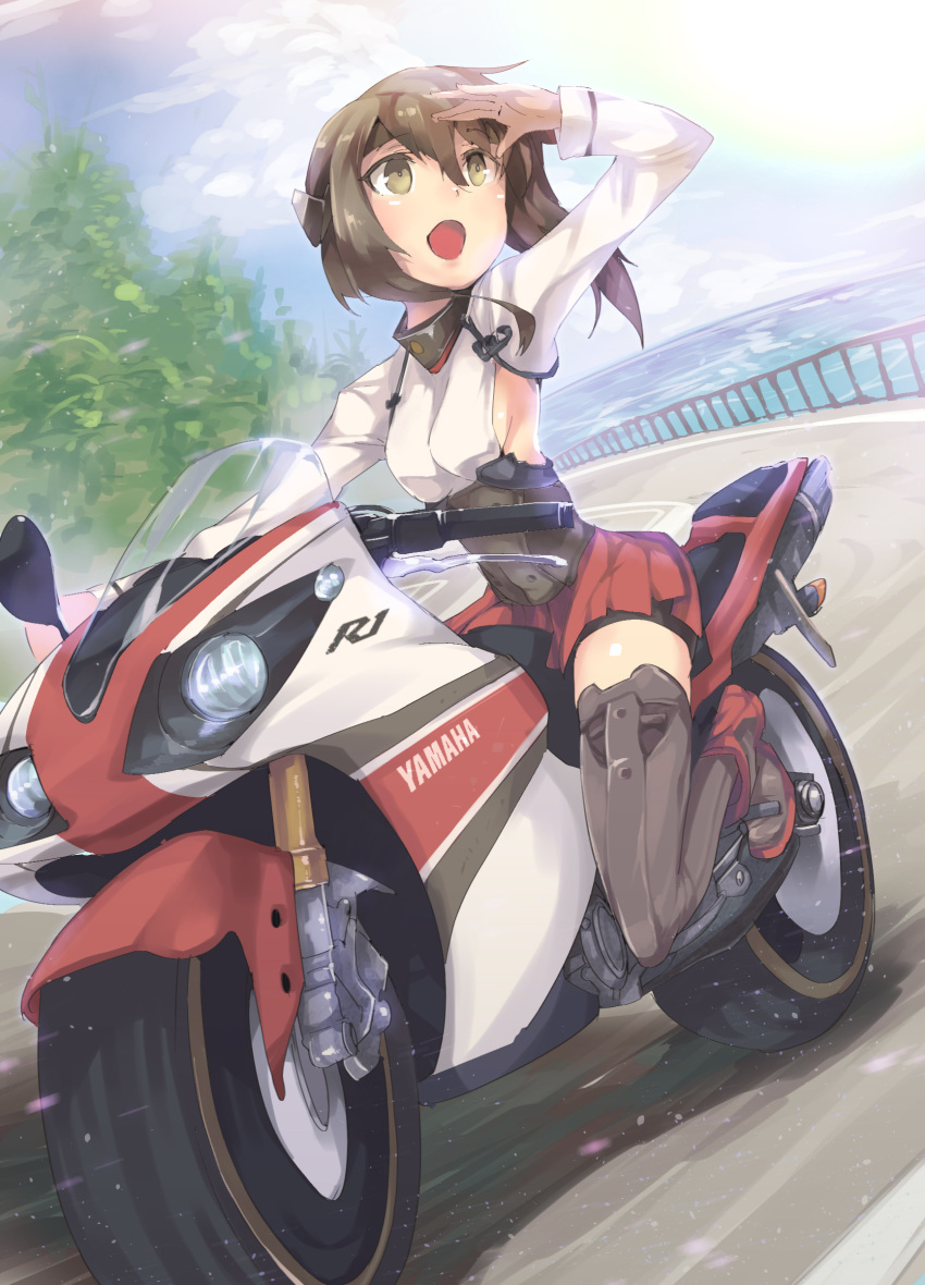 1girl absurdres armadillo-tokage bike_shorts boots brown_eyes brown_hair hand_on_forehead headband headgear highres kantai_collection looking_at_viewer military military_uniform motor_vehicle motorcycle open_mouth pleated_skirt red_skirt riding short_hair skirt solo taihou_(kantai_collection) thigh-highs thigh_boots uniform vehicle yamaha yamaha_yzf-r1