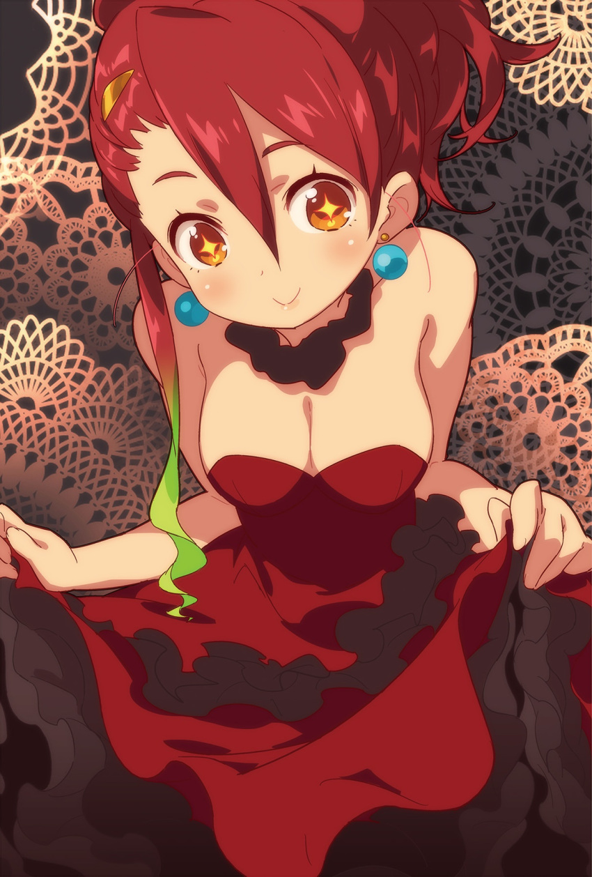 1girl alternate_hairstyle breasts cleavage dress earrings evening_gown hair_ornament hairpin highres jewelry large_breasts long_hair multicolored_hair official_art racoona_sheldon red_dress redhead scan sekaiju_no_meikyuu shin_sekaiju_no_meikyuu skirt_hold smile solo sparkling_eyes two-tone_hair yellow_eyes
