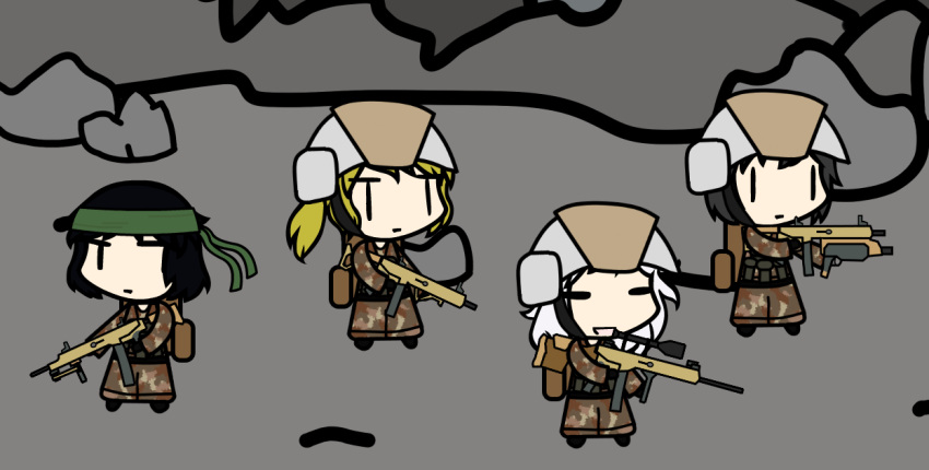 2boys 2girls arma_(series) arma_3 assault_rifle backpack blonde_hair blue_hair camouflage chibi gloves grenade_launcher grey_hair hachimaki helmet load_bearing_vest long_hair machine_gun metal_storm_3gl mofumofunya_(myonnyanmukyuu) mx_ar mxm mxsw nato_(arma) operator sniper_rifle tagme walfas weapon white_hair