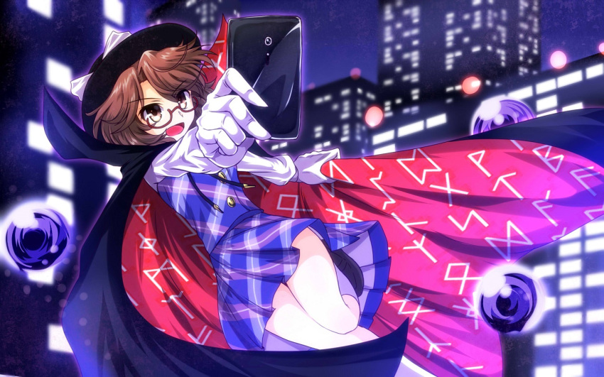 1girl bow brown_eyes brown_hair building cape cellphone checkered checkered_skirt checkered_vest g_(desukingu) glasses hat hat_bow open_mouth phone red-framed_glasses skirt skyscraper smartphone solo touhou urban_legend_in_limbo usami_sumireko