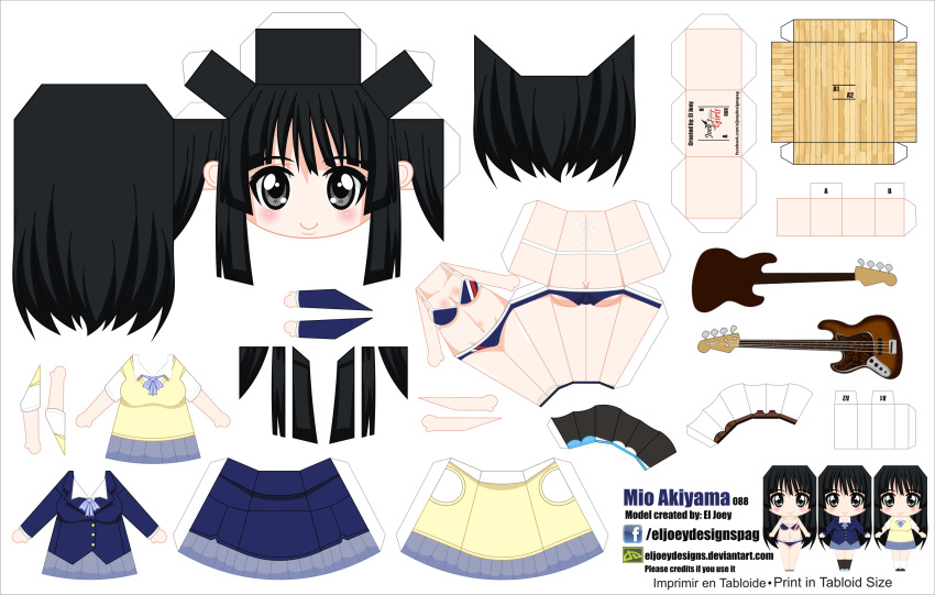 1girl absurdres akiyama_mio artist_name bikini black_eyes black_hair breasts character_name chibi el_joey electric_guitar guitar highres instrument k-on! long_hair paper_cut-out papercraft school_uniform smile solo swimsuit watermark web_address