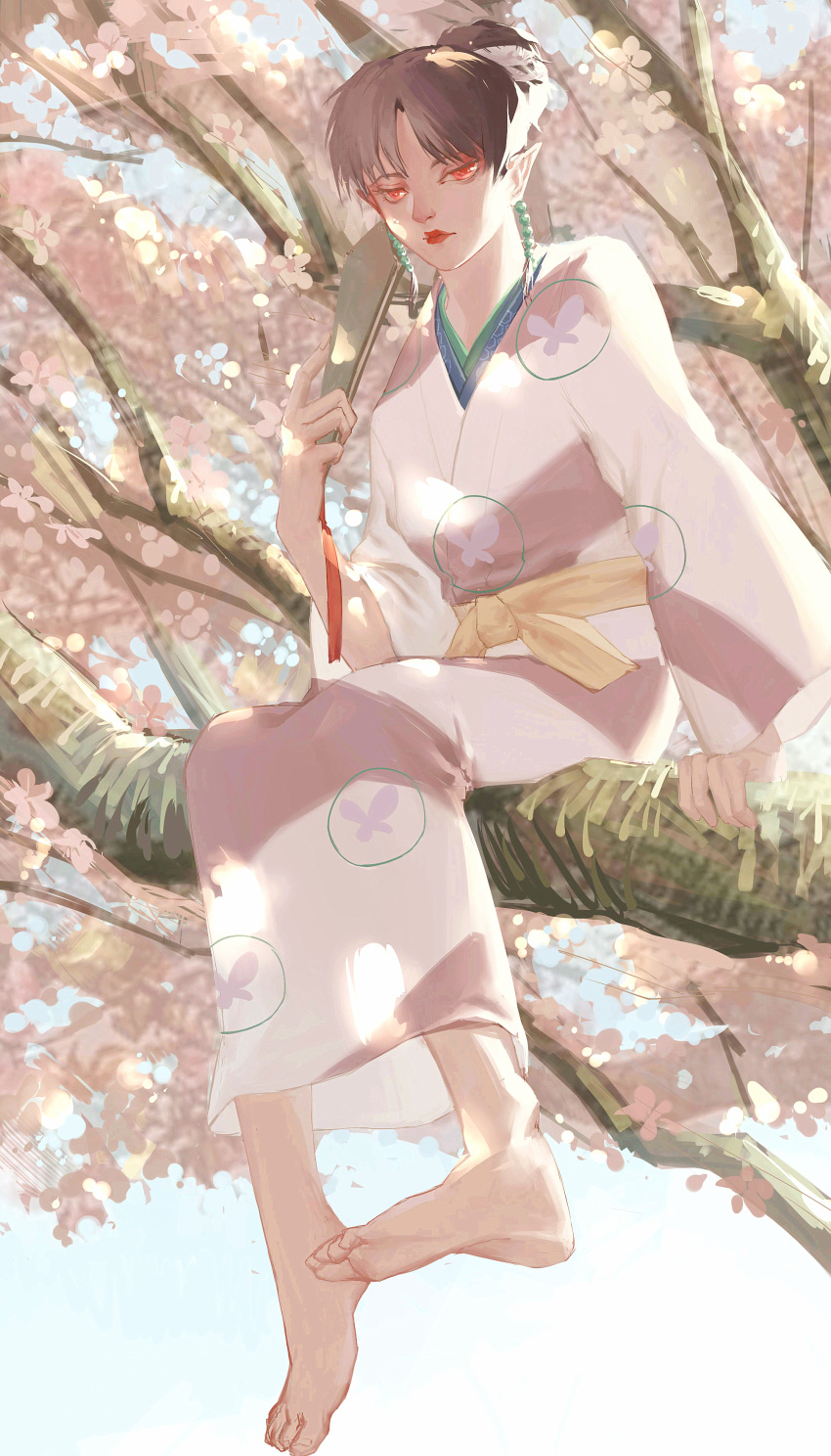 absurdres barefoot cherry_blossoms demon demon_girl earrings fan feet girl highres in_tree inuyasha japanese_clothes jewelry kagura_(inuyasha) kimono pointy_ears red_eyes sitting sitting_in_tree soles spring_(season) tied_hair tree tree_branch