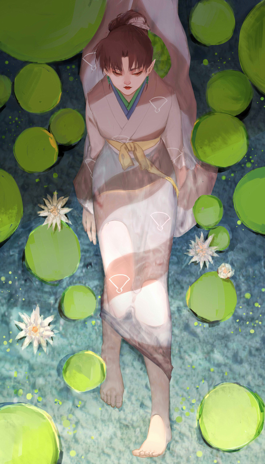 absurdres barefoot demon demon_girl earrings feet flower girl highres inuyasha japanese_clothes jewelry kagura_(inuyasha) kimono lily_pad lotus partially_submerged pointy_ears red_eyes sitting summer tied_hair water