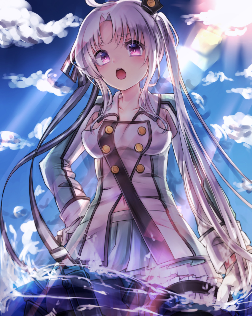 absurdres ahoge aishan_(aaaishan) akitsushima_(kantai_collection) armpit_cutout backlighting breasts buttons clouds collarbone dress frilled_legwear hair_ribbon hand_on_hip highres kantai_collection lens_flare light_rays long_hair looking_at_viewer navel ocean open_mouth partially_submerged ribbon skirt sunlight thigh-highs twintails very_long_hair violet_eyes water white_hair